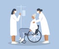 Illustration in a flat style - two nurses put a drip on an elderly lady who uses a wheelchair Royalty Free Stock Photo